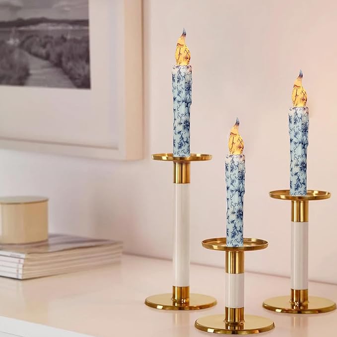 Blue and White Porcelain Flameless Short Taper Candles, Drip LED Battery Operated with Remote, Flickering Flame Lights for Home Décor, 6.7 Inch Primitive Flameless Print Candles, 2PCS