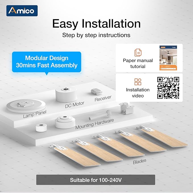 Amico Ceiling Fans with Lights, 52 inch Smart Ceiling Fan with Remote/APP/Alexa Control, Downrod Mount, Reversible DC Motor, 5 Blades, 6 Speeds, 3CCT, Dimmable, Noiseless, Bedroom, Living Room, White