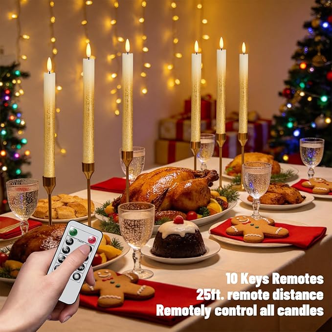 Wondise Gold Flameless Taper Candles with Timer & Remote, 9 Inch Battery Operated LED Flickering Window Candle for Christmas Thanksgiving Decorations, Set of 6