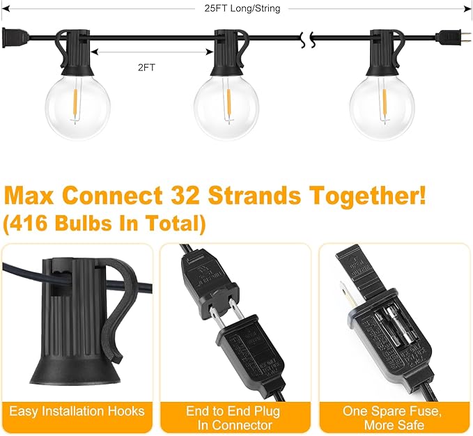 Bosceos 25FT Outdoor G40 LED Globe String Lights Dimmable Waterproof Shatterproof Light Strings with 13 Bulbs Connectable Commercial Hanging Lights for Christmas Patio House Backyard Balcony Party