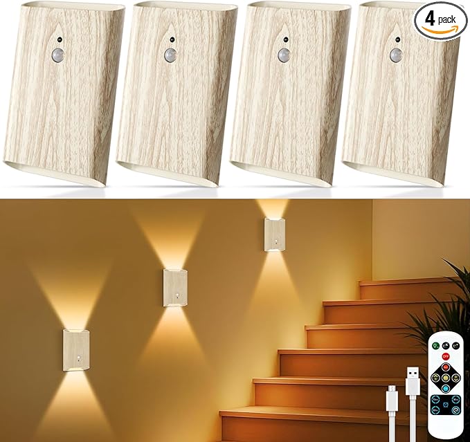 4 Pack Rechargeable Wall Sconce: Battery Operated Motion Sensor Wall Light with Remote, Magnetic Motion Sensor Stair Light Indoor, 3CCT Dimmable Wireless Wall Lamp for Bedroom Hallway Closet, Beech