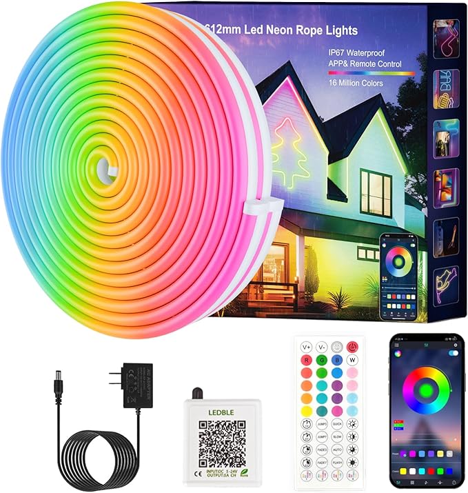 Neon Rope Lights,32.8FT RGB LED Strip Lights, App Control, IR Remote, Music Syncing, Outdoor IP67 Waterproof, Flexible Strip Cuttable for BedHead,Underbed,Ceiling