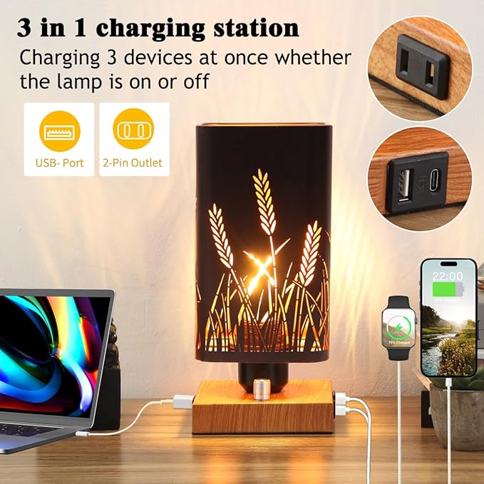 Industrial Table Lamp with USB Ports and Outlet, Rustic Dimmable Bedside lamp with Charging Station, Metal Square Shadow Nightstand Lamp, Night Light for Kids Bedroom Living Room End Tables