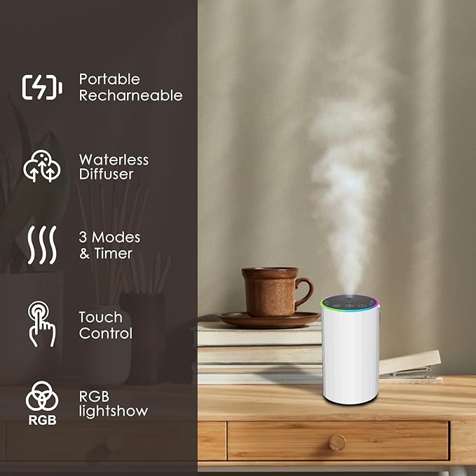Waterless Essential Oil Diffuser, 7 Colors LED Light, Battery Powered Mini Scent Air Machine, Aromatherapy Mist Diffuser for Home Room Car Office，Black Aluminum Alloy (White)
