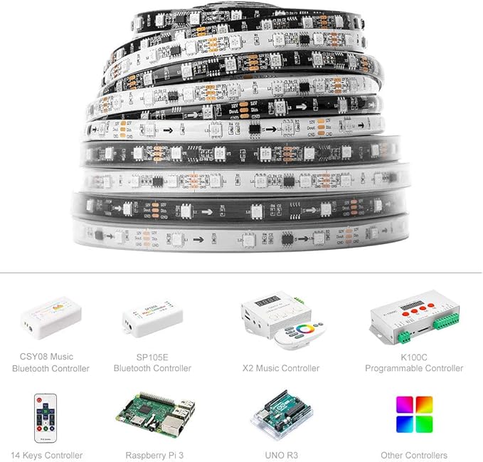 BTF-LIGHTING WS2811 IC RGB Addressable LED Strip Ultra Bright 5050 SMD RGB 60LED/m 20Pixels/m Multi-Colored Pixels Light Total 300LED 100Pixels 16.4FT 5m DC12V(No Adapter or Controller)