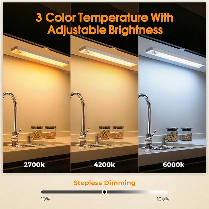 Under Cabinet Rechargeable Dimmable Lighting: 3 Color Temperature Motion Sensor Lights Indoor - Battery Operated Lights - Activated Closet Magnetic Wireless Led Light for Kitchen Home Bathroom 4 Pack