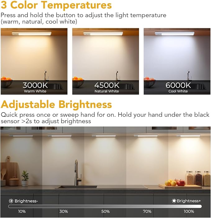 Under Cabinet Lighting with Hand Wave, 78 LED Motion Sensor Light, Rechargeable Closet Lights with 3 Color Temps, 11.8 Inch Dimming Magnetic Strip Night Lights for Kitchen, Wardrobe, Stairs (2 Pack)