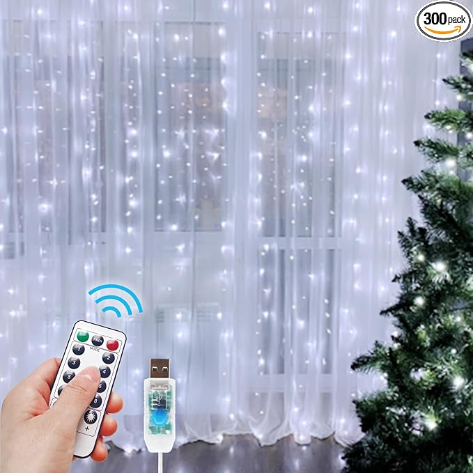 300 LED Fairy Curtain Lights, 9.8 x 9.8FT Cold White USB Plug in 8 Modes String Hanging Lights with Remote for Christmas, Bedroom, Indoor, Outdoor, Weddings, Party (Cold White)