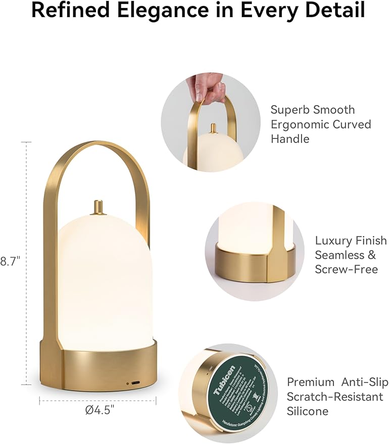 Tubicen Portable Lamp, Battery Operated Cordless Outdoor Table Lamps Rechargeable, 4-Level Touch Dimmable IP44 Shower Lamp, Night Light for Patio Camping Dining Room Bedroom (Brass, Waterproof)