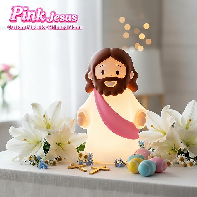 Jesus Night Light Rechargeable Bedside Night Light Dimmable Silicone LED Light Ideal for Religious Gatherings, Gifts for Sunday School, Baptism Presents, Easter Egg Decorations (Pink)