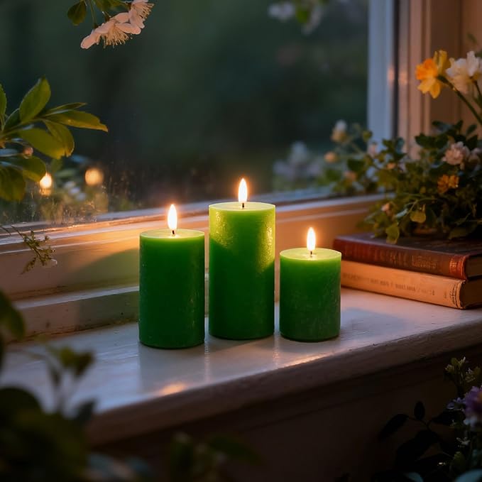 LUSHABOR Green Flameless Candles, Battery Operated Candles for St. Patrick’s Day, Real Wax LED Fake Candles for Spring Decor Party Centerpiece Green Set of 3