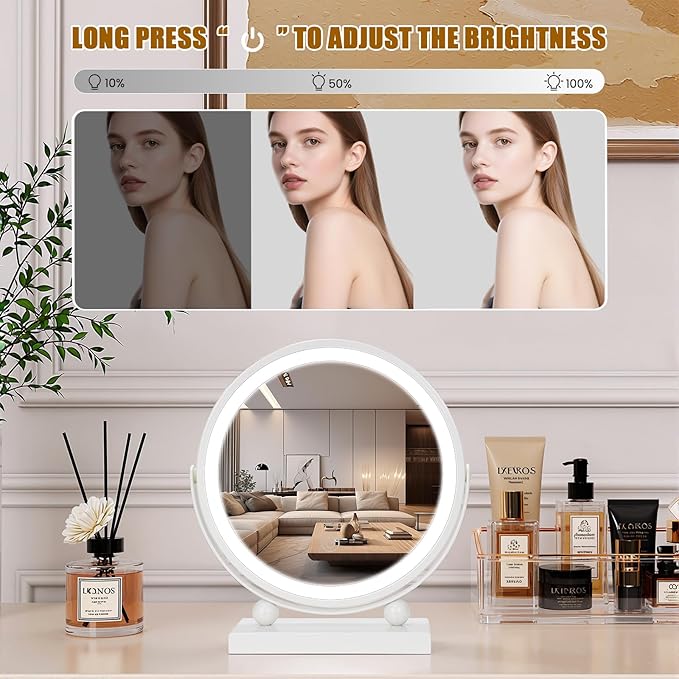 Travel Makeup Mirror, 9" Small Vanity Mirror with Lights, 1500mAH Battery, 3-Color Lighting, Dimmable, 360° Rotation, Round Portable Desk Mirror, Travel Essentials (White)