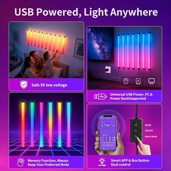 Music Sync LED Wall Lights, 10 Pack RGB Light Bars with App Control, USB Powered Beat Activated Lights for Gaming Room, Party, Home Decor