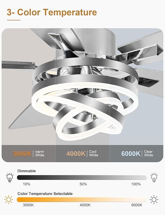 52" Ceiling Fan with Light Chandelier Fan Modern DC Motor Dimmable Led Fandelier Ceiling Fan with Light for Bedroom, Living Room