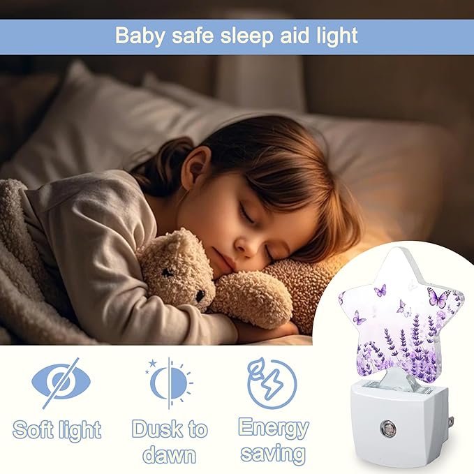 Lavender Butterfly Nightlight,Summer Flowers Star Night Lights Plug into Wall Decorations for Bedroom Bathroom,Dusk to Dawn Sensor Kitchen Hallway Stairs Energy Efficient Desk Lamp