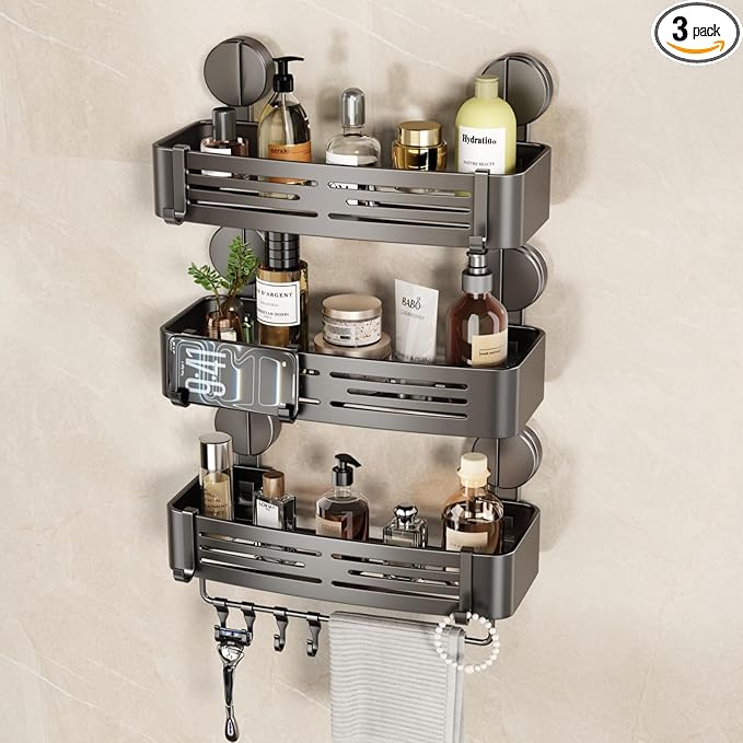 VOLPONE Shower Caddy Suction Cup No Drilling Suction Cup Shower Shelf Heavy Duty Bathroom Shower Organizer Storage Rack Adhesive with Towel Bar Hooks (3-Pack, Matte Gray)
