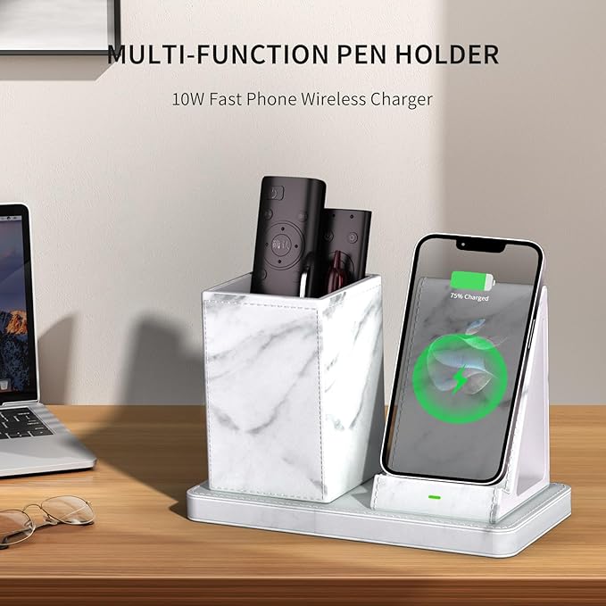 Multi-Functional Pencil Holder for Desk,marble Vegan Leather Organizers with Remote Control Holder,Pencil Holder Desk Organizer with Phone Wireless Charger for Office/Nightstand/Endtable