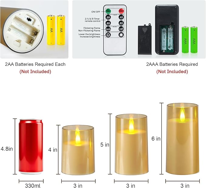 Raycare Flameless Electronic Pillar Candles with Remote Control and Timer- Battery Operated Realistic Flickering LED Fake Candle for Home, Wedding, Valentine's Day Decor, Gold,Set of 3(3"x4"5" 6")