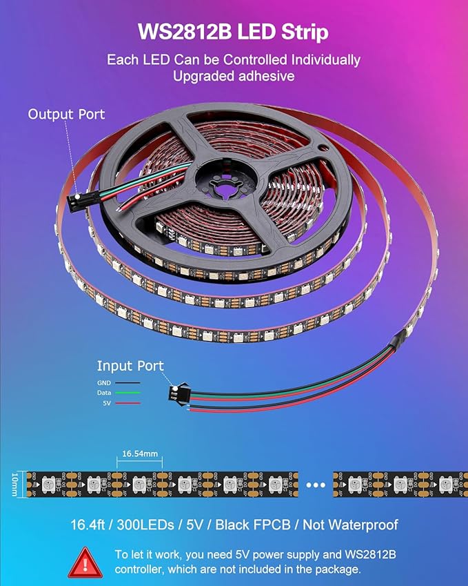 ALITOVE 16.4FT WS2812B LED Strip Individually Addressable 300 Pixels Strip Light 5V Upgraded Adhesive RGB IC LED Tape Light IP20 (Power Supply and Controller Need to be Purchased Separately)