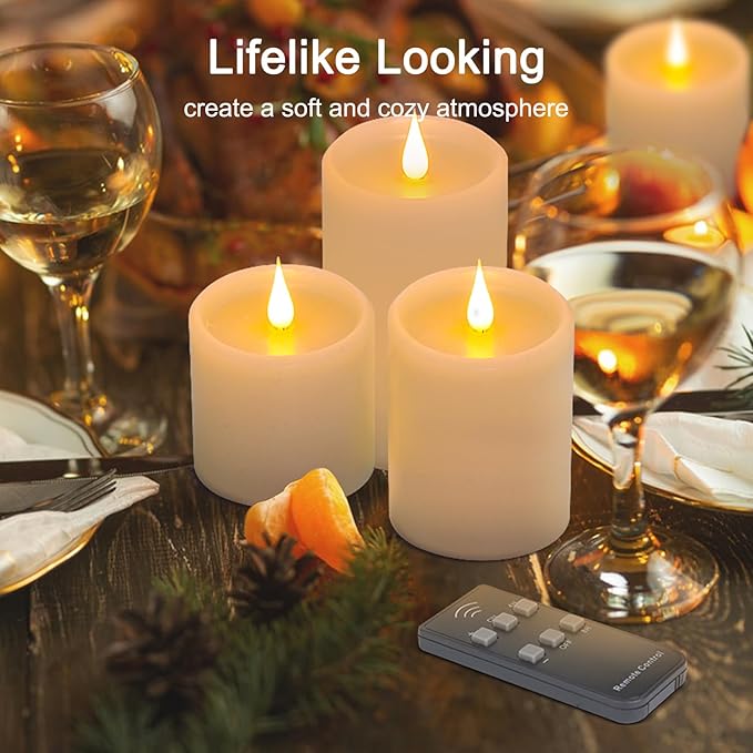 Flickering Flameless Candles with 3D Moving Flame, Real Wax Battery Operated Candles with Timer and Remote, Last 600+ Hours, D3×H3 4" 5" LED Fake Candles for Home Wedding Decor, 3 Pack
