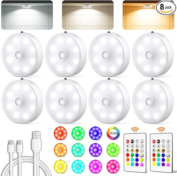 Puck Lights with Remote, Rechargeable Under Cabinet Lighting, 3 Color Temps, 12 RGB Color LED Motion Sensor Lights Wireless, Dimmable Tap Lights for Closet, Kitchen, Shelf, Stair, 8 Pack