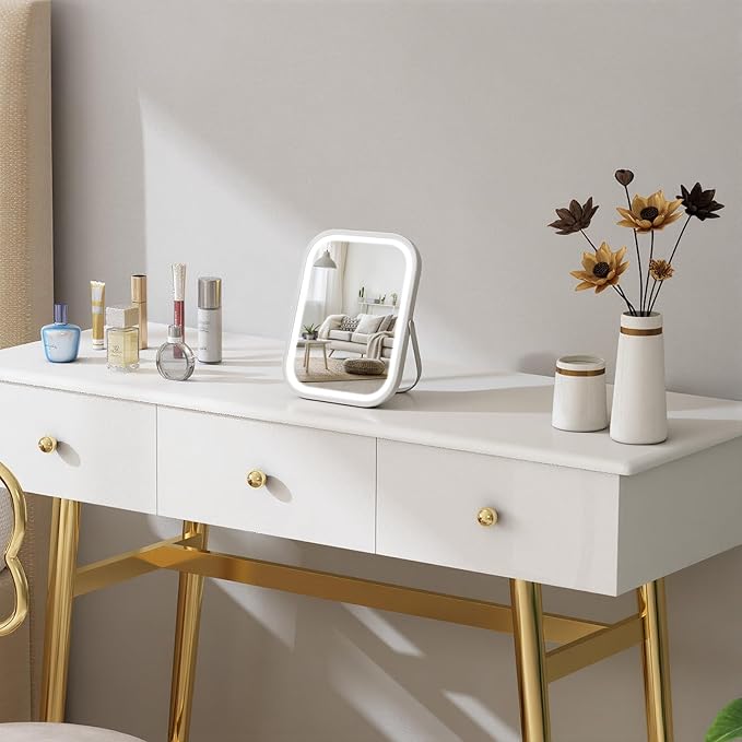 Rechargeable Travel Makeup Mirror, 8"×6" Small Vanity Mirror with Lights, 1500mAH Battery, 3-Color Lighting, Dimmable, 360° Rotation, Portable Desk Mirror with Storage Pouch, Travel Essentials (White)