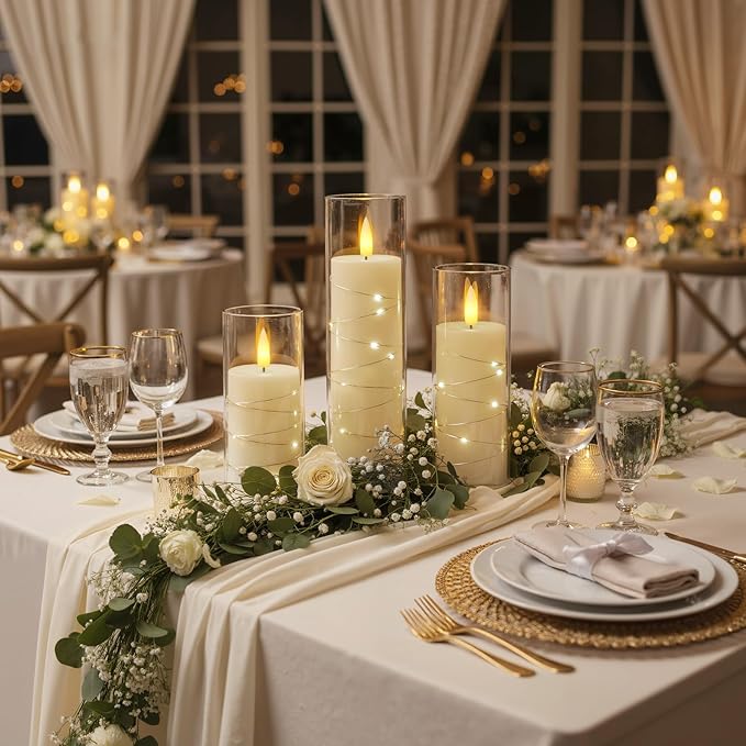 Raycare Flameless Candle with Remote Timer, 3 Flickering Acrylic Battery Operated LED Pillar Candles with Embedded Star String for Valentine's Day, Home Decor, and as a Gift(Ivory)