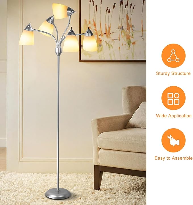 DINGLILIGHTING Floor Lamp Tall for Room: Flexible Gooseneck Floor Lamps Standing for Bedroom Home Office - Modern Floor Lights Silver 5-Light
