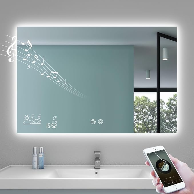BYECOLD Smart Bathroom Mirror with Bluetooth 36”X 24” WiFi Enabled Weather Display, Fog Free, Backlit Frameless Brightness Adjust, Memory Function Touch Sensor - Horizontally Only