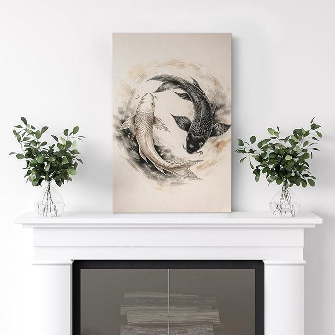 wall26 Canvas Print Wall Art Yin Yang Koi Fish Circle Minimal Asian Inspired Photography Realism Rustic Colorful Multicolor for Living Room, Bedroom, Bathroom - 16"x24"