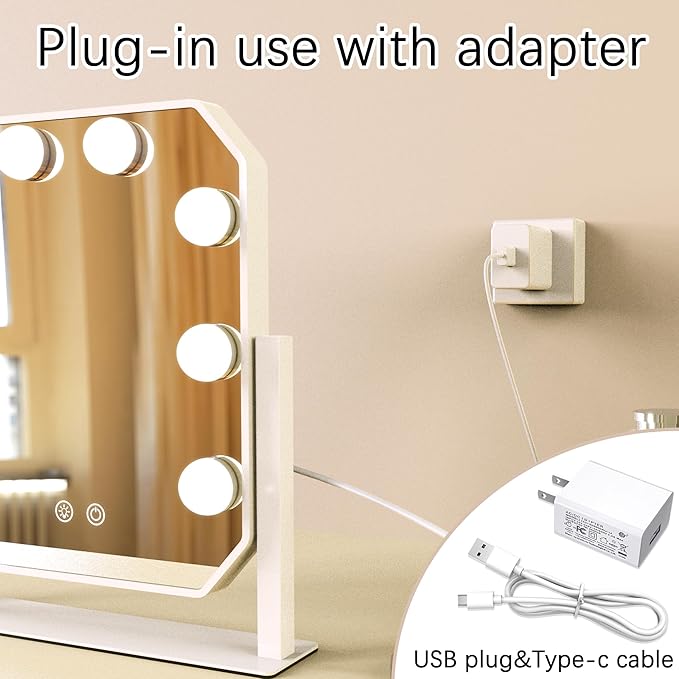Hollywood Vanity Mirror with Lights, 3 Color Modes LED Bulbs, 5X Detachable Magnifying Mirror, Smart Touch Control, Tabletop Makeup Mirror for Bedroom & Dressing Room, for Her (White)