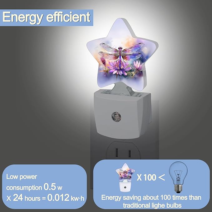 Dragonfly Flower Night Light,Watercolor Plug-in Star Night Lights with Dusk-to-Dawn Sensor for Bedroom,Bathroom,Living Room Sleep Friendly Lamp for Women Girls Boys Gift,0.5W