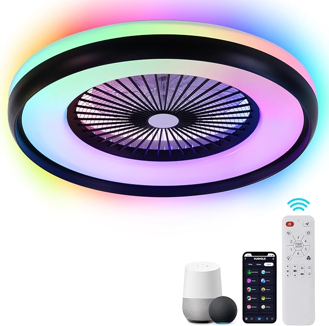 24" Bladeless Ceiling Fan with RGB Light Remote, Smart LED Ceiling Fans with Voice/App Control, Modern Low Profile Dimmable Light Ceiling Fan for Bedroom Living Room Black
