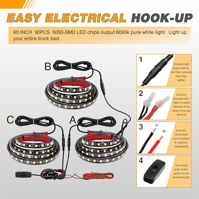 GOOACC Truck Bed Light Strip 3PCS 60" 270 LEDs White Lighting Waterproof for 12 Volt Car Cargo Pickup SUV RV Boat, On/Off Switch Blade Fuse Splitter Cable
