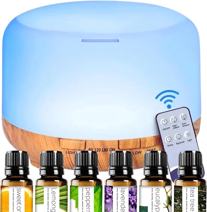 500ml Home/Office Aroma Diffuser, Essential & Fragrant Oil Vaporizer with Multi-Color Lighting for Night Stand, Desk, Table, Remote Control, Timer & Auto-Off Switch, Brown, Premium