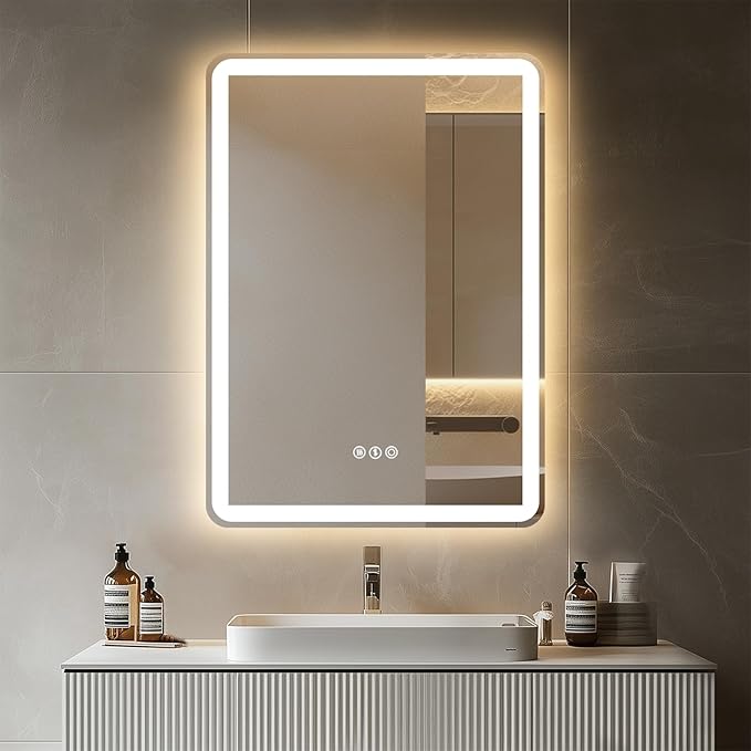 28"x 20" LED Bathroom Mirror with Stepless Dimmable, Backlight Wall Mirrors with Anti-Fog Bathroom Digital Mirror for Wall, 3 Color Modes, Memory Function Smart Mirror