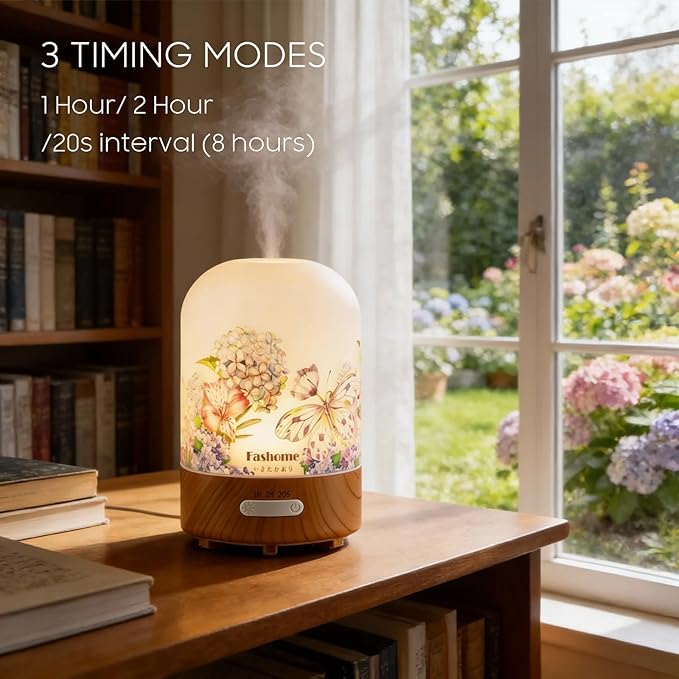Essential Oil Diffuser Hand Blown Glass, 100ml Small Aromatherapy Diffuser, Auto Shut-Off Function, Ultrasonic Diffusers for Essential Oils, Cool Mist Humidifier with Warm White Lights
