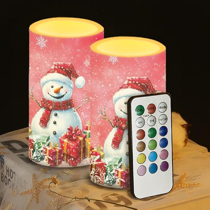 Flameless Pillar Candles Christmas Decorations Snowman Pink Snowflake Flameless Candles with 18-Key Remote Timer for Home Bedroom Living Room Dining Room Table Decorations Set of 2