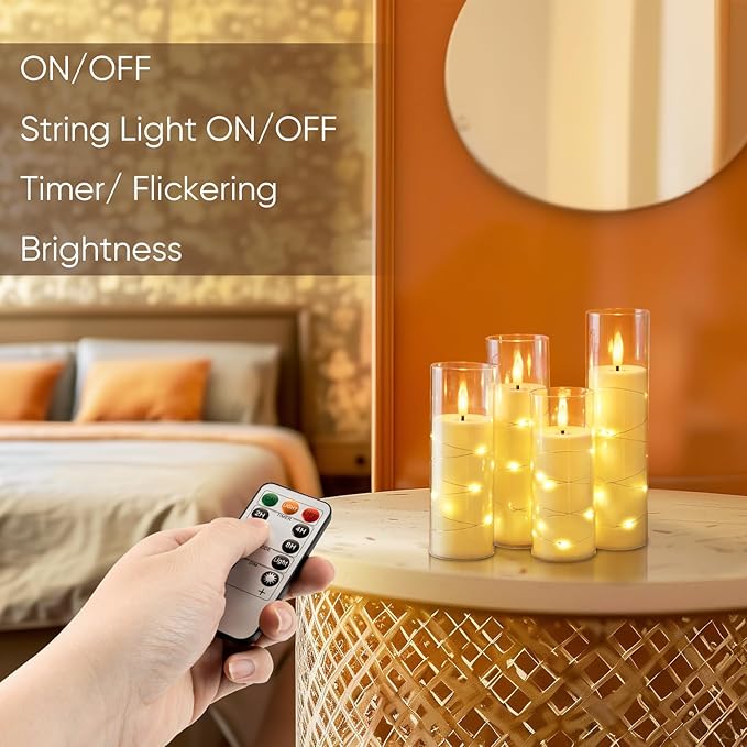 Homemory 12Pcs Flameless Candles with Star String Fairy Lights, Flickering Battery Operated Candles, LED Fake Candles with Remote and Timer, Christmas, Weddings, Home Decor, White