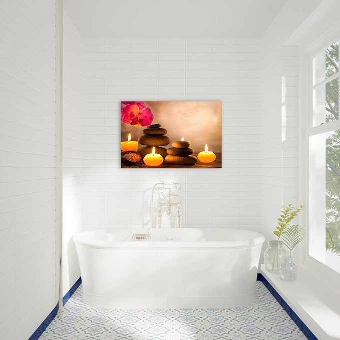 Zen Wall Art Decor, Modern Bathroom Zen Decor Wall Art, Zen Relaxing Canvas Wall Art for Spa Room Decor, Black Pebble and Lighted Candles Zen Art Prints for Office & Spa Wall Decor 12x18 Inches