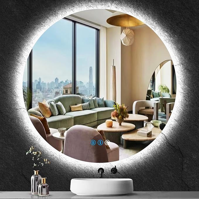 36 Inch Backlit Round Mirror with Lights 3 Color Adjustable Brightness AntiFog Frameless 36" Round Circle Lighted Vanity Mirror for Bathroom Wall Circle Rounds Light up Smart Mirrors