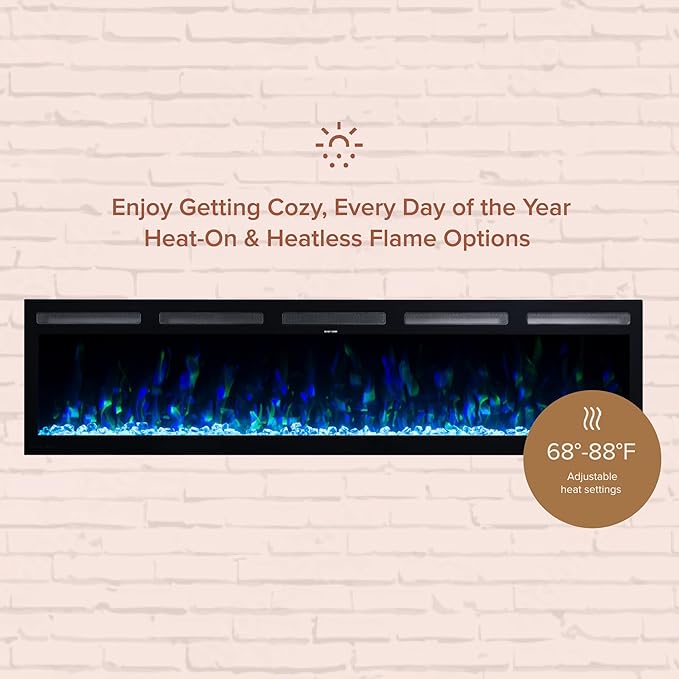 Modern Ember Vibrance 72 Inch Smart Linear Electric Fireplace Insert - Recessed or Wall-Mount, LED Multi-Flame Colors, Alexa/WiFi Enabled - Remote Included - Crystals