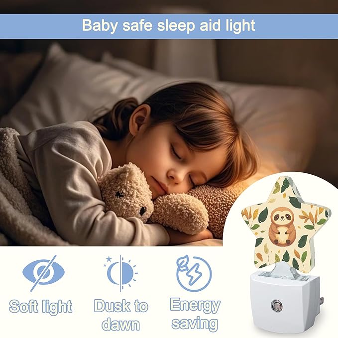 Cute Sloth Night Lights Plug Into Wall,Spring Leaves Star Night Light for Kids,Nightlight with Dusk to Dawn Smart Sensor for Bedroom Bathroom Decor,Children Women Men Gift