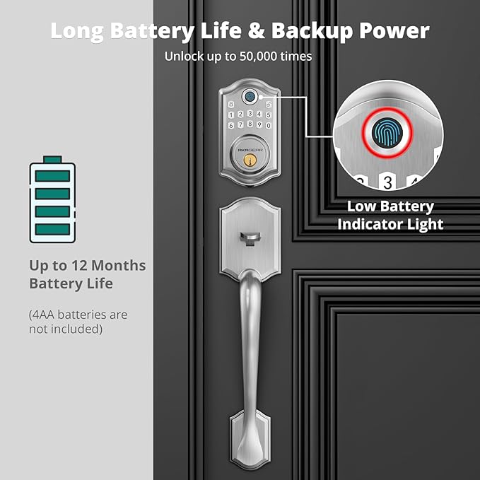 DS10 Pro Keyless Entry Door Lock with Handle Set, Smart Front Door Locks Set, Electronic Keypad, Fingerprint Deadbolt, Bluetooth APP Control, Auto-Lock & One Touch Locking, Satin Nickel
