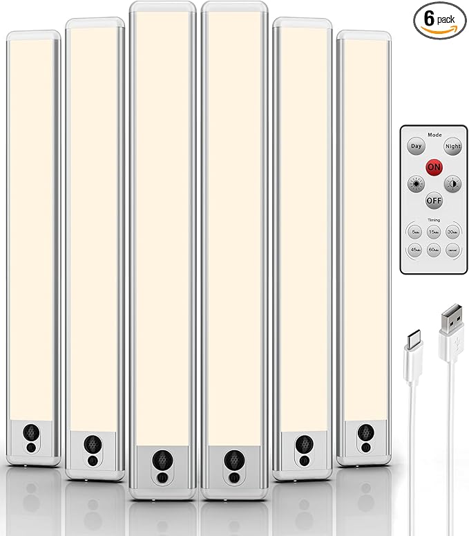 EZVALO Under Cabinet Lights,14.5'' Motion Sensor Light Indoor Dimmable, 4000mAh Rechargeable Closet Lights 3500K with Remote Control, Wireless Under Counter Light for Kitchen,Cabinet (Warm-6Pack)