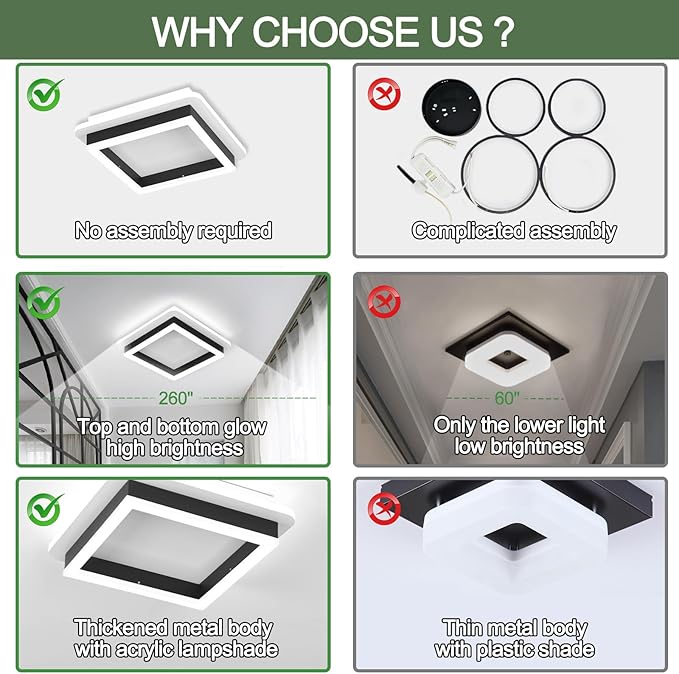 CANEOE 3 Packs Square Flush Mount Ceiling Light, 6000K Black Modern LED Ceiling Light Fixture, Minimalist Hallway Lighting Fixture Ceiling Lamp for Hallway Entryway Bedroom Balcony (Black)