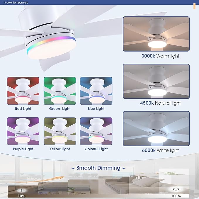 41 Inch White Flush Mount Ceiling Fans with RGB Lights, 5 Reversible Blades, 6-Speed 2H Timer, RGB & 3 CCT Dimmable, Remote & APP Control for Bedroom Living Room