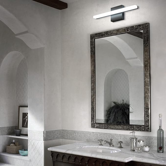 Combuh LED Bathroom Vanity Light Bar Dimmable IP44 Over Mirror Lighting Fixture 16Inch Wall Sconces Indoor 9W Modern Cool White 6000K Black
