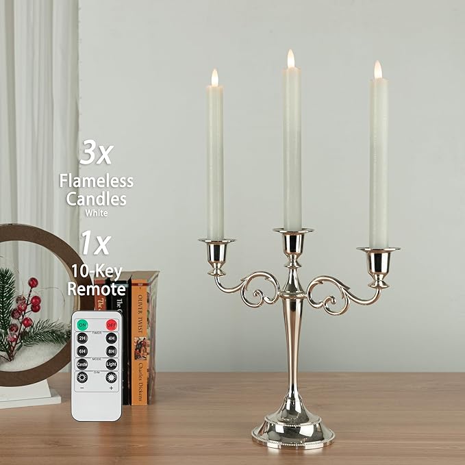 Flameless Taper Candles with Rmote, 9.6" Real Wax Battery Operated Candles with 3D Wick, 3 Pack Led Flickering Candlesticks, Electric Candle for Home, Wedding, Party, Decor, White