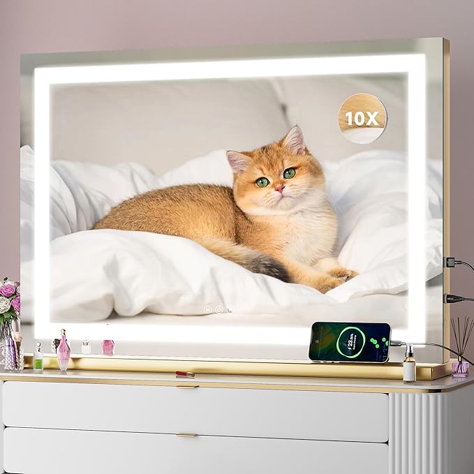 Vanity Mirror with Lights, 32" x 22" LED Makeup Mirror with 10X Magnification, Dimmable 3 Modes, Memory Function, Smart Touch, USB Charging Port, Lighted Makeup Mirror Square Glod